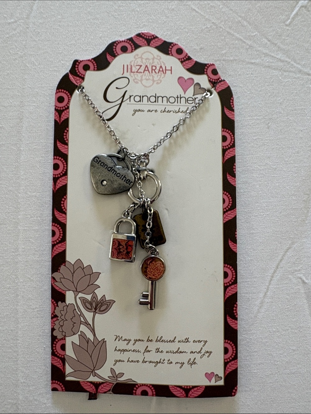 Jilzarah Grandmother Heart & Charm Necklace — Silver with Pink Accents